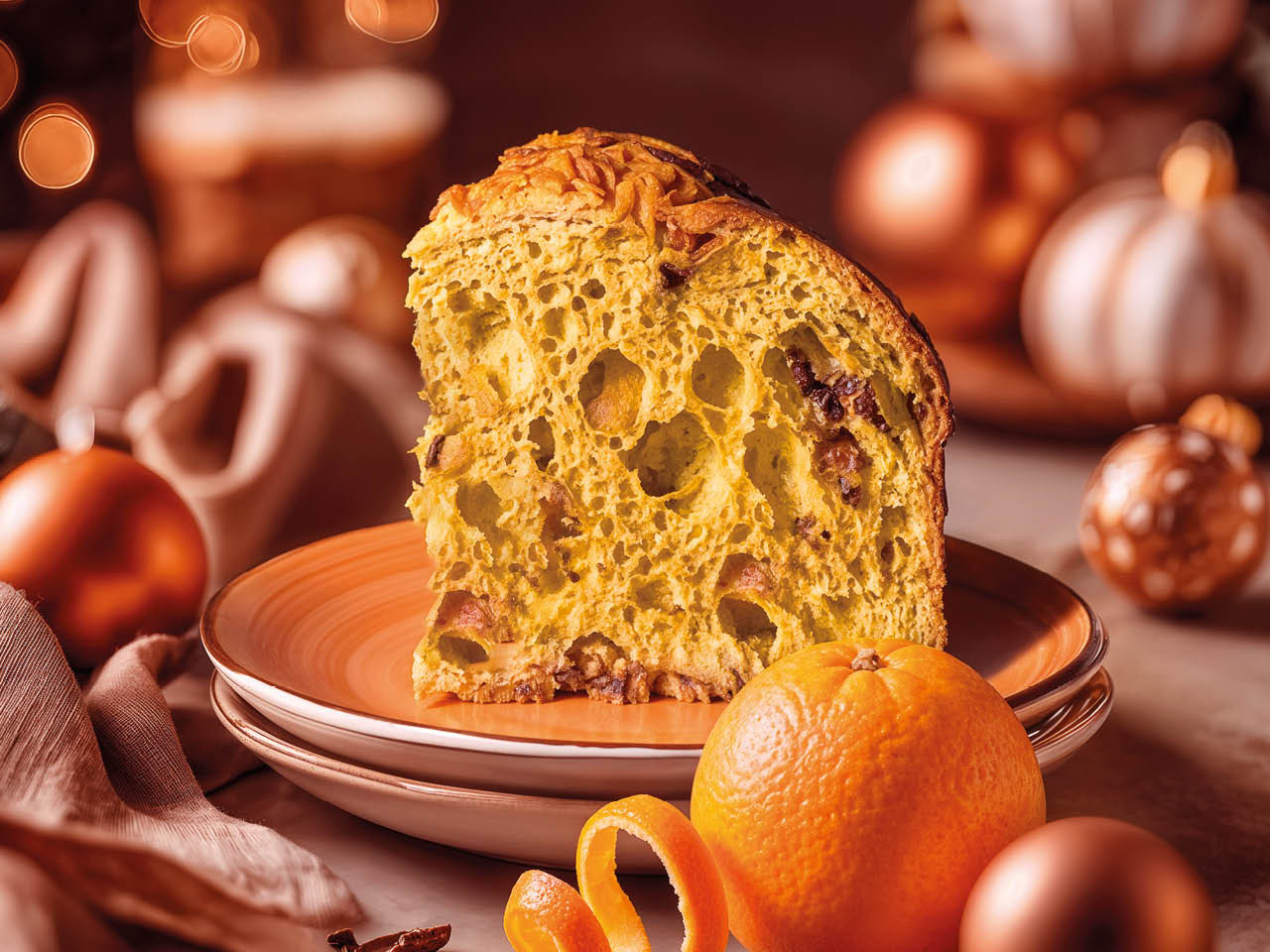 Panettone avec orange et chocolat sur une assiette