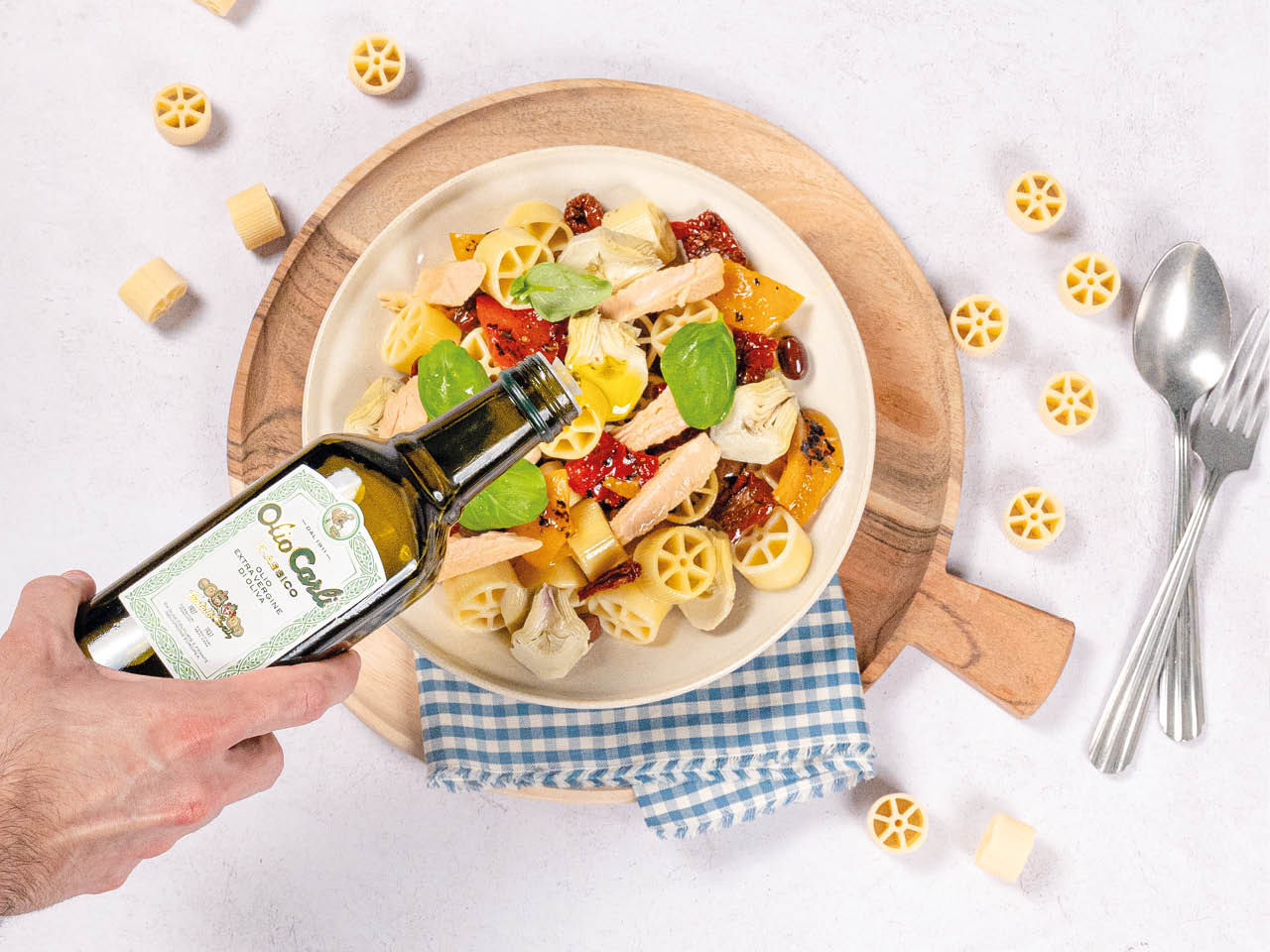 Pâtes Ruote avec legumes et huile d'olive vierge extra 